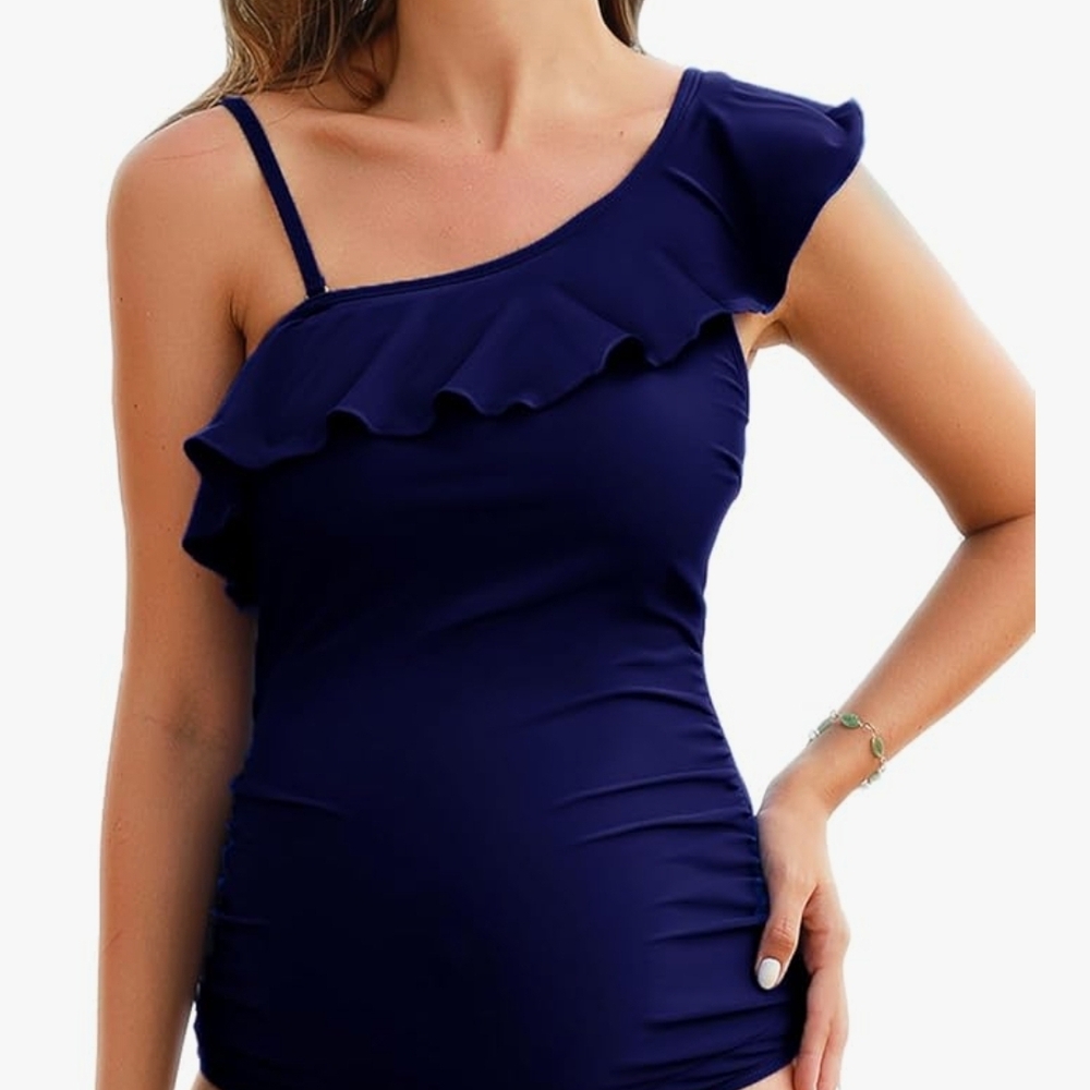 Women's Maternity Swimwear One-Shoulder Flounce One-Piece Bathing Suit - NAVY